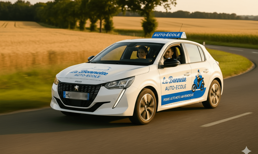 Voiture auto-école Renault blanche sur une route de campagne pour la formation au permis B.