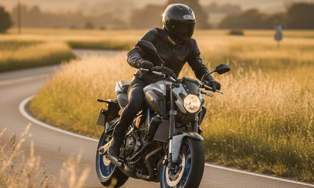 Motard en formation sur une moto noire effectuant un virage sur plateau.