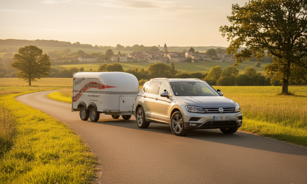 SUV tractant un van à chevaux sur une route de campagne lors d'une formation permis remorque BE.
