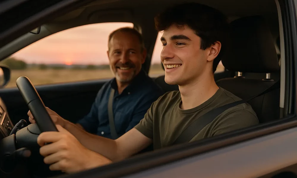 Moniteur donnant des conseils à un élève au volant lors d'une leçon de conduite accompagnée.