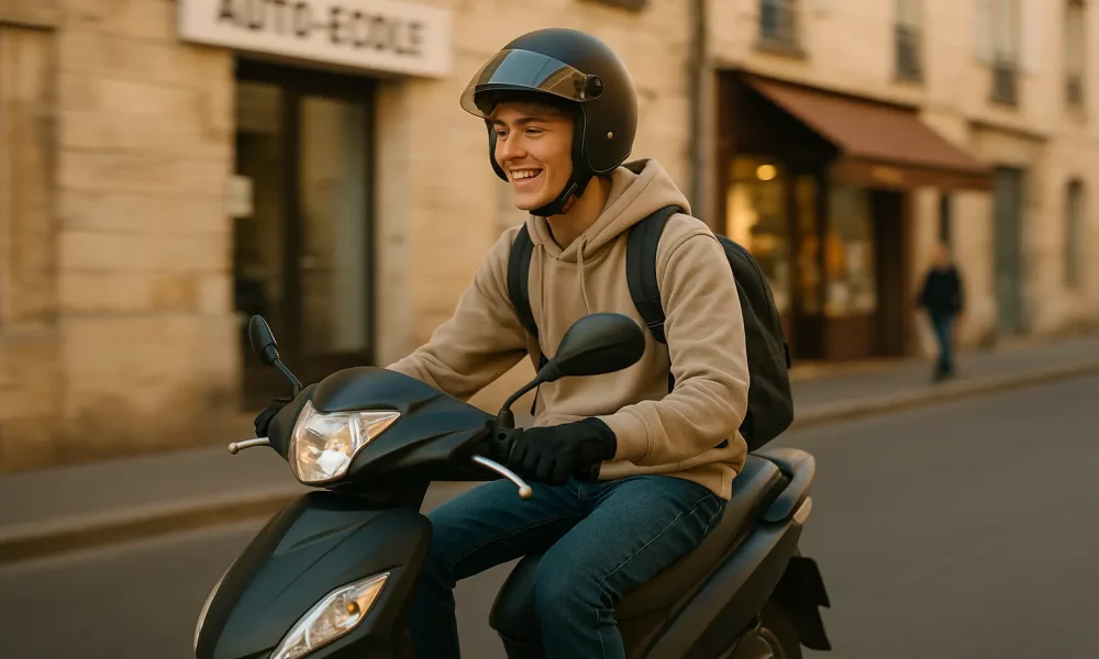 Jeune conducteur sur un scooter avec gilet de sécurité apprenant à conduire pour le BSR.