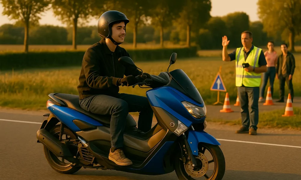Élève sur une moto 125cm3 suivant une formation pratique de 7 heures.